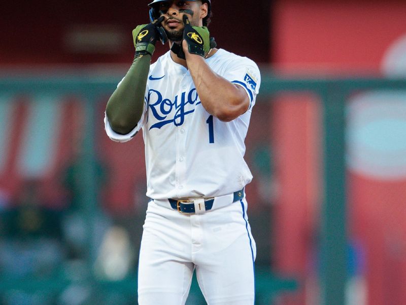 May 18, 2024; Kansas City, Missouri, USA; Kansas City Royals outfielder MJ Melendez (1) motions to the dugout after hitting a double during the fourth inning against the Oakland Athletics at Kauffman Stadium. Mandatory Credit: William Purnell-USA TODAY Sports