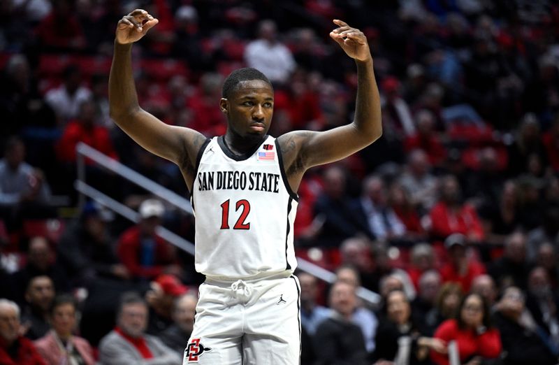 Feb 13, 2024; San Diego, California, USA; San Diego State Aztecs guard Darrion Trammell (12) reacts during the first half against the Colorado State Rams at Viejas Arena. Mandatory Credit: Orlando Ramirez-USA TODAY Sports