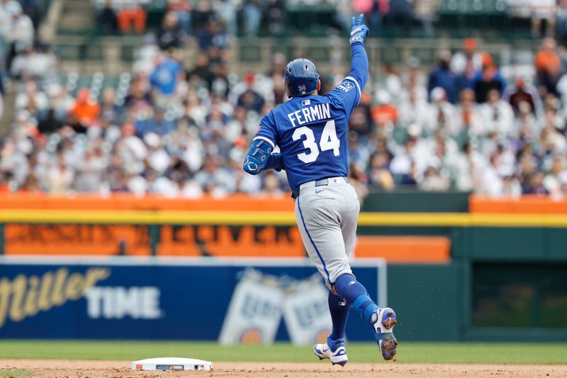 Apr 19, 2025; Detroit, Michigan, USA;  Kansas City Royals catcher Freddy Fermin (34) celebrates after he hits a home run in the seventh inning against the Detroit Tigers at Comerica Park. Mandatory Credit: Rick Osentoski-Imagn Images