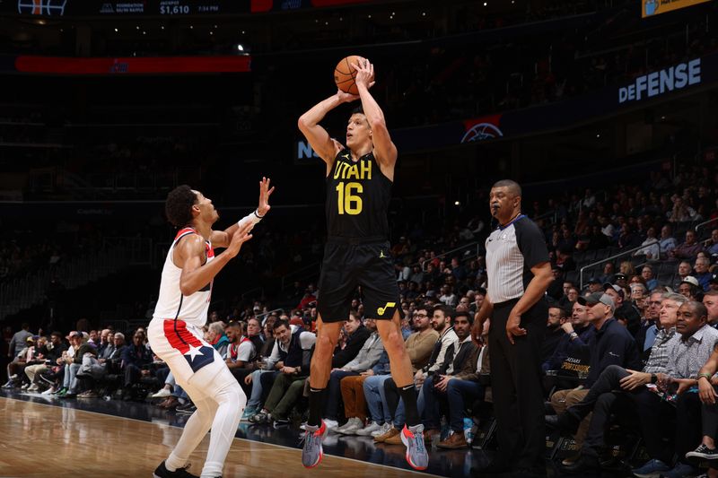 WASHINGTON, DC -? JANUARY 25: Simone Fontecchio #16 of the Utah Jazz shoots a three point basket during the game against the Washington Wizards on January 25, 2024 at Capital One Arena in Washington, DC. NOTE TO USER: User expressly acknowledges and agrees that, by downloading and or using this Photograph, user is consenting to the terms and conditions of the Getty Images License Agreement. Mandatory Copyright Notice: Copyright 2024 NBAE (Photo by Stephen Gosling/NBAE via Getty Images)