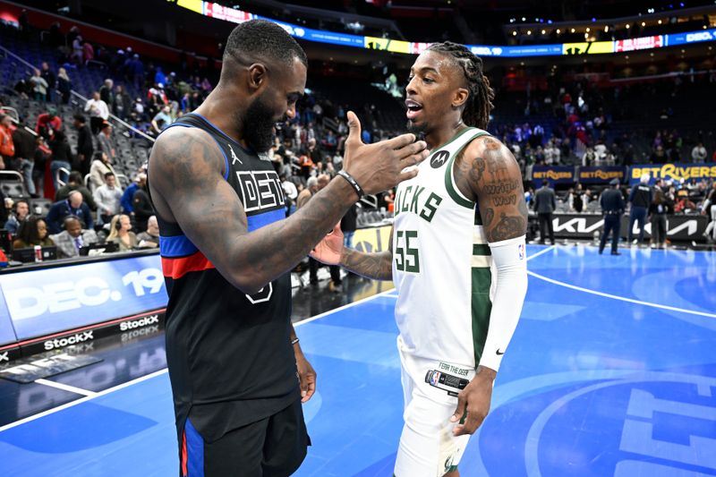 DETROIT, MI - DECEMBER 3: Tim Hardaway Jr. #8 of the Detroit Pistons greets Delon Wright #55 of the Milwaukee Bucks after the game during the Emirates NBA Cup game on December 3, 2024 at Little Caesars Arena in Detroit, Michigan. NOTE TO USER: User expressly acknowledges and agrees that, by downloading and/or using this photograph, User is consenting to the terms and conditions of the Getty Images License Agreement. Mandatory Copyright Notice: Copyright 2024 NBAE (Photo by Chris Schwegler/NBAE via Getty Images)
