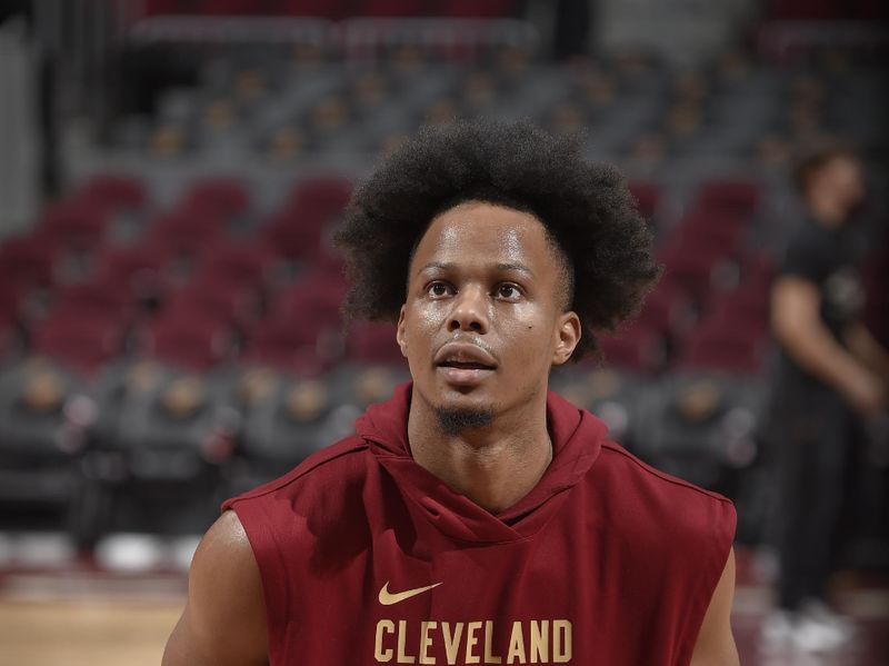 CLEVELAND, OH - FEBRUARY 5: Isaac Okoro #35 of the Cleveland Cavaliers warms up before the game against the Sacramento Kings on February 5, 2024 at Rocket Mortgage FieldHouse in Cleveland, Ohio. NOTE TO USER: User expressly acknowledges and agrees that, by downloading and/or using this Photograph, user is consenting to the terms and conditions of the Getty Images License Agreement. Mandatory Copyright Notice: Copyright 2024 NBAE (Photo by David Liam Kyle/NBAE via Getty Images)