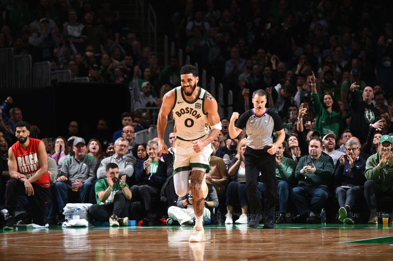 BOSTON, MA - FEBRUARY 9: Jayson Tatum #0 of the Boston Celtics reacts during the game against the Washington Wizards on February 9, 2024 at the TD Garden in Boston, Massachusetts. NOTE TO USER: User expressly acknowledges and agrees that, by downloading and or using this photograph, User is consenting to the terms and conditions of the Getty Images License Agreement. Mandatory Copyright Notice: Copyright 2024 NBAE  (Photo by Brian Babineau/NBAE via Getty Images)