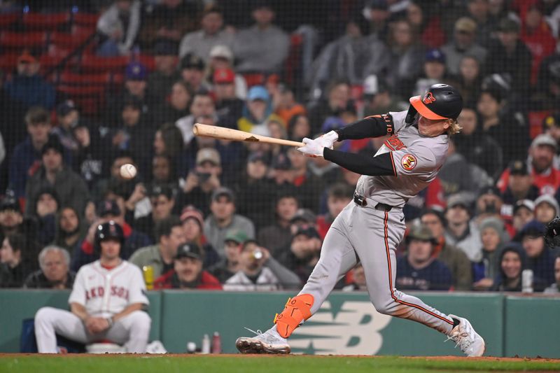 Apr 11, 20024; Boston, Massachusetts, USA; Baltimore Orioles second baseman Jackson Holiday (7) bats against the Boston Red Sox during the eighth inning at Fenway Park. Mandatory Credit: Eric Canha-USA TODAY Sports