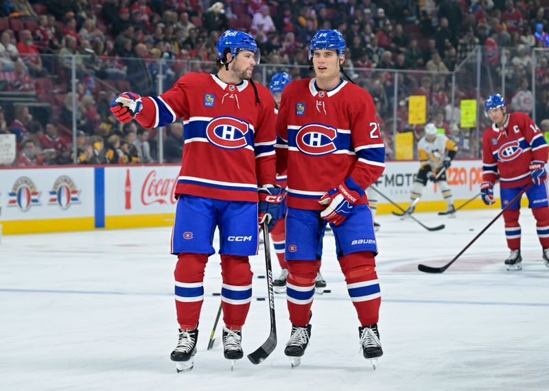 Oct 14, 2024; Montreal, Quebec, CAN; Montreal Canadiens forward Josh Anderson (17) talks to teammate forward Juraj Slafkovsky (20) during the warmup period before the game against the Pittsburgh Penguins at the Bell Centre. Mandatory Credit: Eric Bolte-Imagn Images