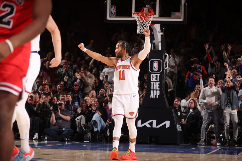 NEW YORK, NY - JANUARY 3: Jalen Brunson #11 of the New York Knicks celebrates during the game against the Chicago Bulls on January 3, 2024 at Madison Square Garden in New York City, New York.  NOTE TO USER: User expressly acknowledges and agrees that, by downloading and or using this photograph, User is consenting to the terms and conditions of the Getty Images License Agreement. Mandatory Copyright Notice: Copyright 2024 NBAE  (Photo by Nathaniel S. Butler/NBAE via Getty Images)