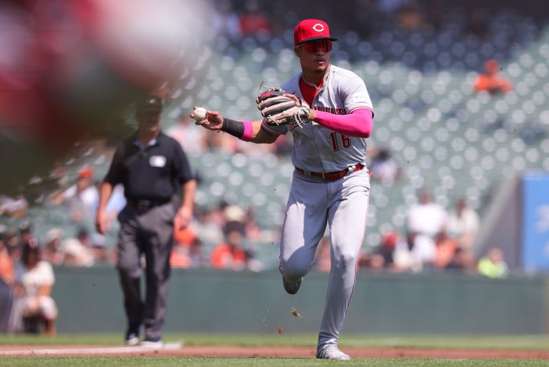 Aug 30, 2023; San Francisco, California, USA; Cincinnati Reds shortstop Noelvi Marte (16) fields a grounder during the first inning against the San Francisco Giants at Oracle Park. Mandatory Credit: Sergio Estrada-USA TODAY Sports