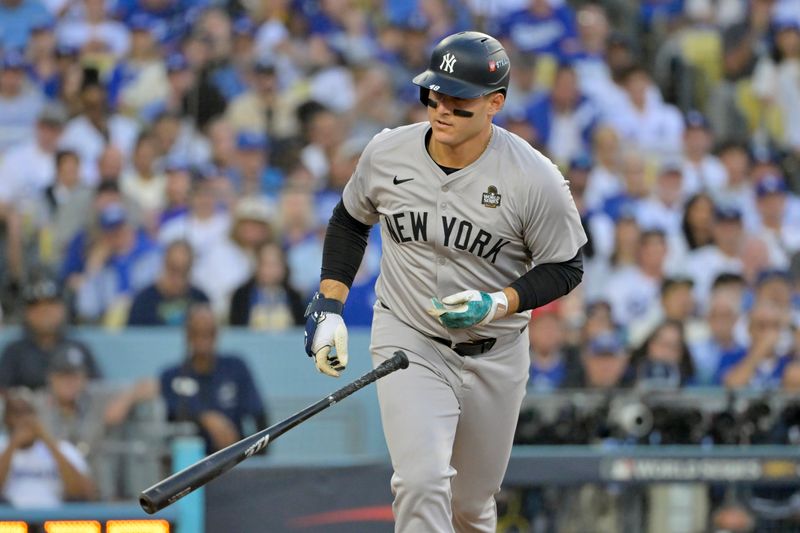 Oct 26, 2024; Los Angeles, California, USA; New York Yankees first baseman Anthony Rizzo (48) walks in the second inning against the Los Angeles Dodgers during game two of the 2024 MLB World Series at Dodger Stadium. Mandatory Credit: Jayne Kamin-Oncea-Imagn Images