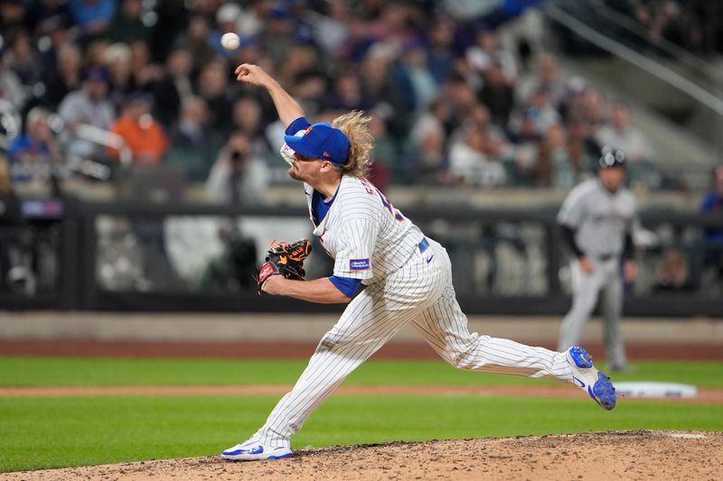 Apr 30, 2025; New York City, New York, USA; New York Mets pitcher Ryne Stanek (55) delivers a pitch against the Arizona Diamondbacks during the seventh inning at Citi Field. Mandatory Credit: Gregory Fisher-Imagn Images