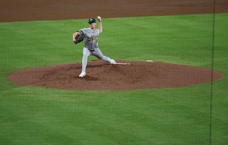 Sep 10, 2024; Houston, Texas, USA;  Oakland Athletics starting pitcher JP Sears (38) pitches against the Houston Astros in the third inning at Minute Maid Park. Mandatory Credit: Thomas Shea-Imagn Images