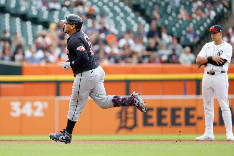 Jul 30, 2024; Detroit, Michigan, USA;  Cleveland Guardians first baseman Josh Naylor (22) runs the bases after hitting a home run against the Detroit Tigers in the fourth inning  at Comerica Park. Mandatory Credit: Rick Osentoski-USA TODAY Sports