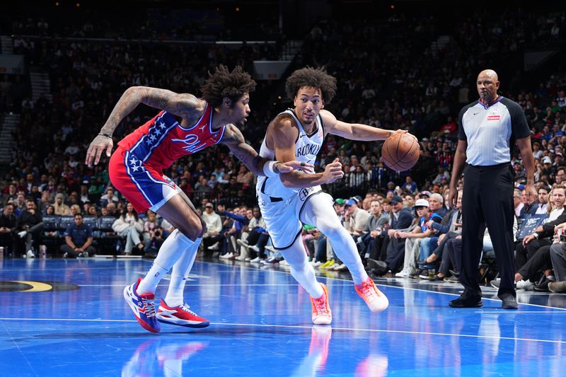 PHILADELPHIA, PA - NOVEMBER 22: Jalen Wilson #22 of the Brooklyn Nets drives to the basket during the game against the Philadelphia 76ers during the Emirates NBA Cup game on November 22, 2024 at the Wells Fargo Center in Philadelphia, Pennsylvania NOTE TO USER: User expressly acknowledges and agrees that, by downloading and/or using this Photograph, user is consenting to the terms and conditions of the Getty Images License Agreement. Mandatory Copyright Notice: Copyright 2024 NBAE (Photo by Jesse D. Garrabrant/NBAE via Getty Images)