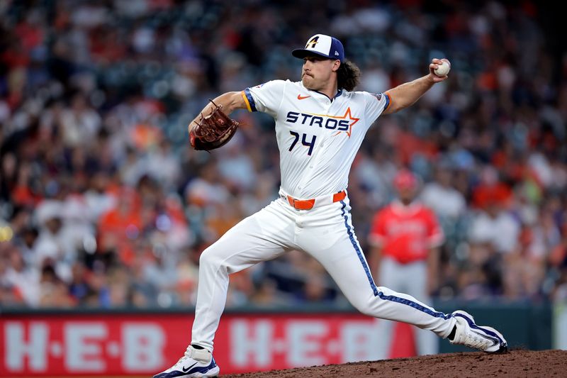 Sep 1, 2025; Houston, Texas, USA; Houston Astros pitcher Bryan King (74) delivers a pitch against the Los Angeles Angels during the eighth inning at Daikin Park. Mandatory Credit: Erik Williams-Imagn Images