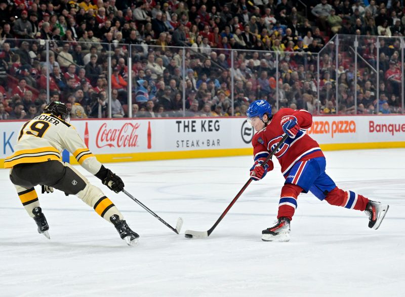 Mar 14, 2024; Montreal, Quebec, CAN; Montreal Canadiens forward Cole Caufield (22) takes a shot on net and /Boston Bruins forward John Beecher (19) defends during the second period at the Bell Centre. Mandatory Credit: Eric Bolte-USA TODAY Sports