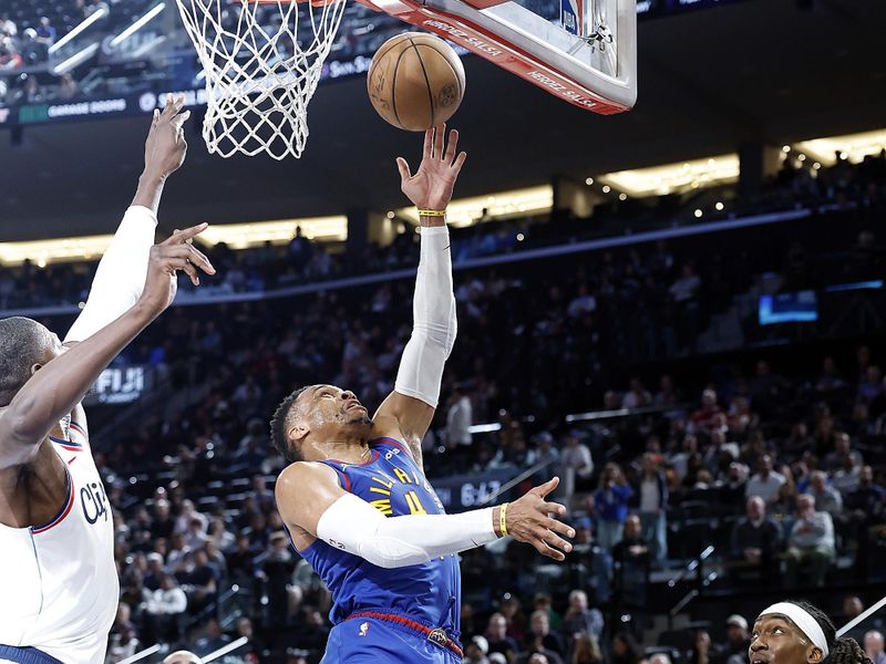 INGLEWOOD, CALIFORNIA - DECEMBER 01:  Russell Westbrook #4 of the Denver Nuggets takes a shot against the LA Clippers in the second half at Intuit Dome on December 01, 2024 in Inglewood, California.  NOTE TO USER: User expressly acknowledges and agrees that, by downloading and or using this photograph, User is consenting to the terms and conditions of the Getty Images License Agreement. (Photo by Ronald Martinez/Getty Images)