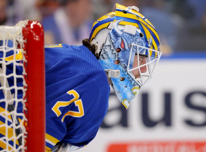 Nov 10, 2023; Buffalo, New York, USA;  Buffalo Sabres goaltender Devon Levi (27) during the third period against the Minnesota Wild at KeyBank Center. Mandatory Credit: Timothy T. Ludwig-USA TODAY Sports