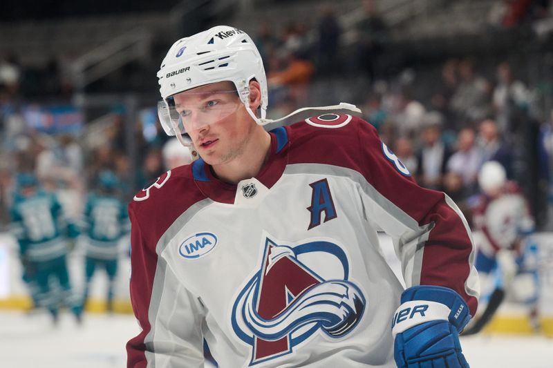 Oct 20, 2024; San Jose, California, USA; Colorado Avalanche defenseman Cale Makar (8) warms up on the ice before the game between the San Jose Sharks and the Colorado Avalanche at SAP Center at San Jose. Mandatory Credit: Robert Edwards-Imagn Images