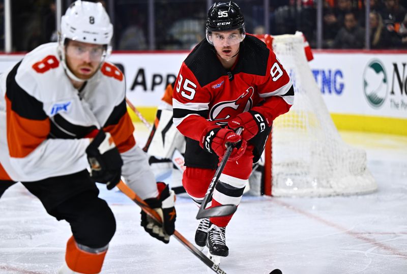 Apr 13, 2024; Philadelphia, Pennsylvania, USA; New Jersey Devils right wing Graeme Clarke (95) in action against the Philadelphia Flyers in the second period at Wells Fargo Center. Mandatory Credit: Kyle Ross-USA TODAY Sports