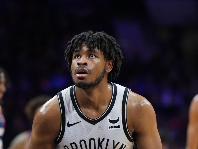 PHILADELPHIA, PA - FEBRUARY 3:  Cam Thomas #24 of the Brooklyn Nets shoots a free throw during the game against the Philadelphia 76ers on February 3, 2024 at the Wells Fargo Center in Philadelphia, Pennsylvania NOTE TO USER: User expressly acknowledges and agrees that, by downloading and/or using this Photograph, user is consenting to the terms and conditions of the Getty Images License Agreement. Mandatory Copyright Notice: Copyright 2024 NBAE (Photo by Jesse D. Garrabrant/NBAE via Getty Images)