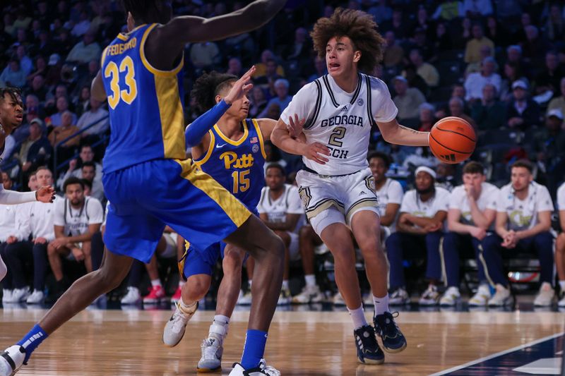 Jan 23, 2024; Atlanta, Georgia, USA; Georgia Tech Yellow Jackets guard Naithan George (2) drives to the basket against the Pittsburgh Panthers in the second half at McCamish Pavilion. Mandatory Credit: Brett Davis-USA TODAY Sports
