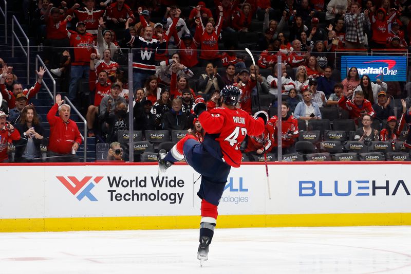 Oct 12, 2024; Washington, District of Columbia, USA; Washington Capitals right wing Tom Wilson (43) celebrates after scoring a goal against the New Jersey Devils in the third period at Capital One Arena. Mandatory Credit: Geoff Burke-Imagn Images