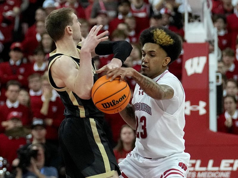 Feb 4, 2024; Madison, Wisconsin, USA; Wisconsin guard Chucky Hepburn (23) steals the ball from Purdue guard Braden Smith (3) during the second half at Kohl Center. Mandatory Credit: Mark Hoffman-USA TODAY Sports