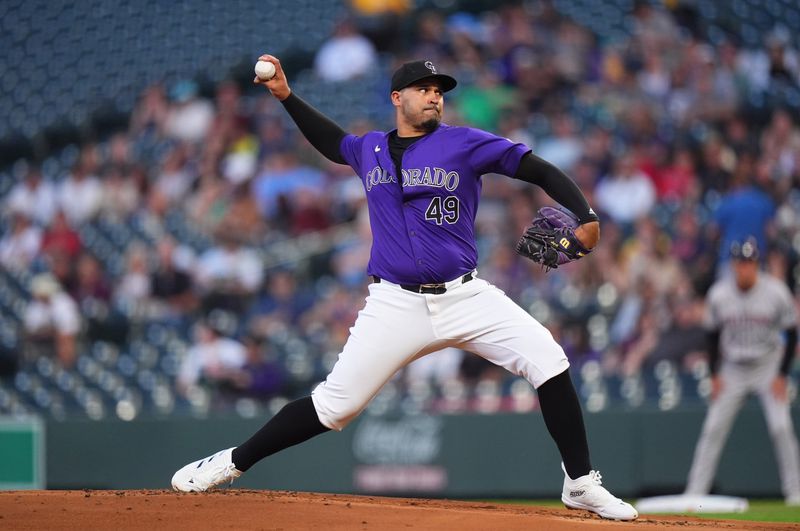 Sep 16, 2024; Denver, Colorado, USA; Colorado Rockies pitcher Antonio Senzatela (49) delivers a pitch in the first inning against the Arizona Diamondbacks at Coors Field. Mandatory Credit: Ron Chenoy-Imagn Images