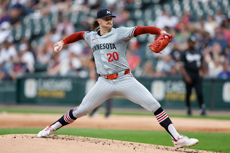 Jul 8, 2024; Chicago, Illinois, USA; Minnesota Twins starting pitcher Chris Paddack (20) delivers a pitch against the Chicago White Sox during the first inning at Guaranteed Rate Field. Mandatory Credit: Kamil Krzaczynski-USA TODAY Sports