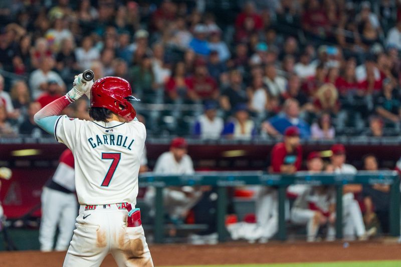 Sep 15, 2024; Phoenix, Arizona, USA; Arizona Diamondbacks outfielder Corbin Carroll (7) at bat in the 10th inning during a game against the Milwaukee Brewers at Chase Field. Mandatory Credit: Allan Henry-Imagn Images