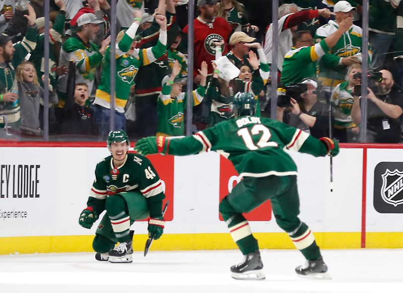 Apr 26, 2025; Saint Paul, Minnesota, USA; Minnesota Wild right wing Mats Zuccarello (36) celebrates his goal with teammates during the third period in game four of the first round of the 2025 Stanley Cup Playoffs at Xcel Energy Center. Mandatory Credit: Bruce Fedyck-Imagn Images