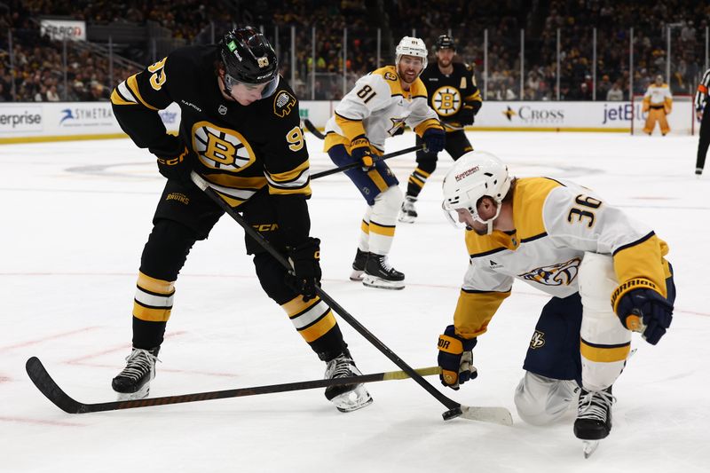 Jan 27, 2026; Boston, Massachusetts, USA; Nashville Predators left wing Cole Smith (36) tries to keep Boston Bruins center Fraser Minten (93) from the puck during the second period at TD Garden. Mandatory Credit: Winslow Townson-Imagn Images