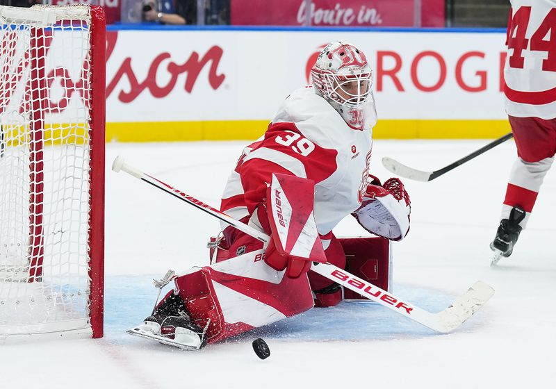 Oct 2, 2025; Toronto, Ontario, CAN; Detroit Red Wings goaltender Cam Talbot (39) stops a push against the Toronto Maple Leafs during the third period at Scotiabank Arena. Mandatory Credit: Nick Turchiaro-Imagn Images