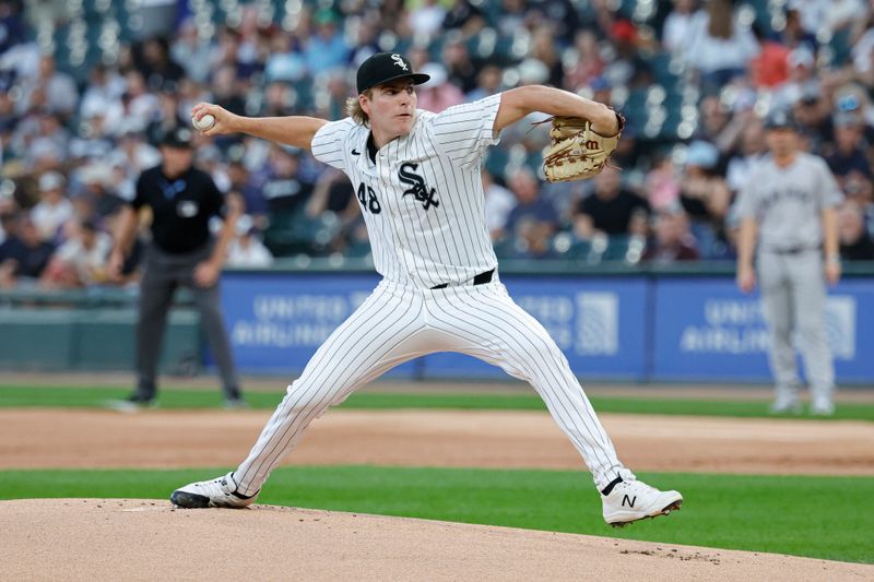 Aug 13, 2024; Chicago, Illinois, USA; Chicago White Sox starting pitcher Jonathan Cannon (48) delivers a pitch against the New York Yankees during the first inning at Guaranteed Rate Field. Mandatory Credit: Kamil Krzaczynski-USA TODAY Sports
