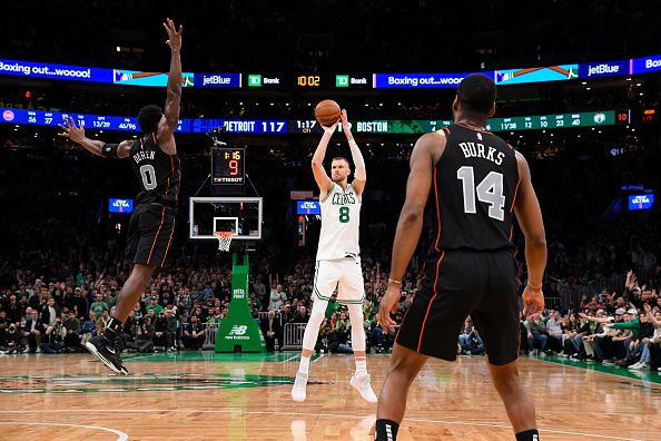 BOSTON, MA - DECEMBER 28: Kristaps Porzingis #8 of the Boston Celtics shoots the ball during the game against the Detroit Pistons on December 28, 2023 at the TD Garden in Boston, Massachusetts. NOTE TO USER: User expressly acknowledges and agrees that, by downloading and or using this photograph, User is consenting to the terms and conditions of the Getty Images License Agreement. Mandatory Copyright Notice: Copyright 2023 NBAE  (Photo by Brian Babineau/NBAE via Getty Images)