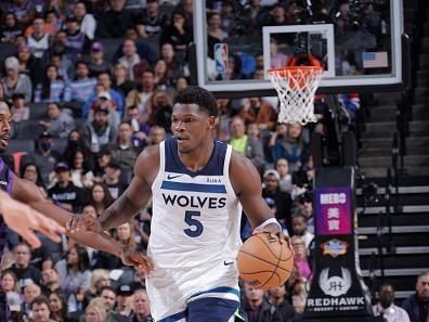 SACRAMENTO, CA - DECEMBER 23: Anthony Edwards #5 of the Minnesota Timberwolves brings the ball up court against the Sacramento Kings on December 23, 2023 at Golden 1 Center in Sacramento, California. NOTE TO USER: User expressly acknowledges and agrees that, by downloading and or using this Photograph, user is consenting to the terms and conditions of the Getty Images License Agreement. Mandatory Copyright Notice: Copyright 2023 NBAE (Photo by Rocky Widner/NBAE via Getty Images)