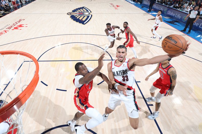 CHICAGO, IL - NOVEMBER 4: Toumani Camara #33 of the Portland Trail Blazers drives to the basket during the game against the New Orleans Pelicans on November 4, 2024 at Smoothie King Center in New Orleans, Louisiana. NOTE TO USER: User expressly acknowledges and agrees that, by downloading and or using this photograph, User is consenting to the terms and conditions of the Getty Images License Agreement. Mandatory Copyright Notice: Copyright 2024 NBAE (Photo by Jeff Haynes/NBAE via Getty Images)