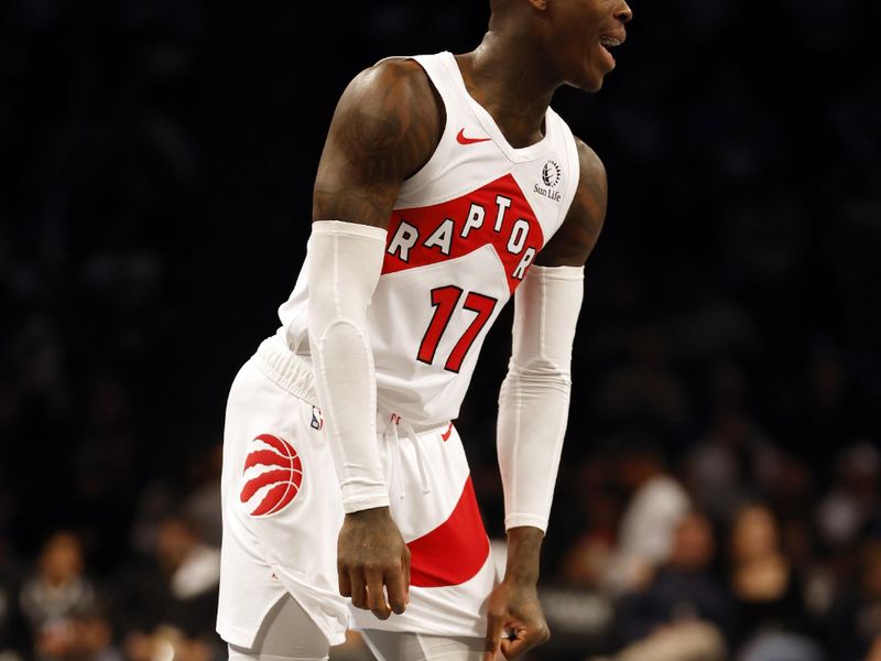 NEW YORK, NEW YORK - NOVEMBER 28: Dennis Schroder #17 of the Toronto Raptors looks on during the second half of an NBA In-Season Tournament game against the Brooklyn Nets at Barclays Center on November 28, 2023 in the Brooklyn borough of New York City. The Nets won 115-103. NOTE TO USER: User expressly acknowledges and agrees that, by downloading and/or using this photograph, User is consenting to the terms and conditions of the Getty Images License Agreement. (Photo by Sarah Stier/Getty Images)