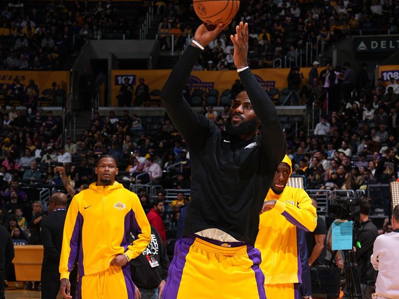 LOS ANGELES, CA - MARCH 24: LeBron James #23 of the Los Angeles Lakers warms up before the game against the Indiana Pacers on March 24, 2024 at Crypto.Com Arena in Los Angeles, California. NOTE TO USER: User expressly acknowledges and agrees that, by downloading and/or using this Photograph, user is consenting to the terms and conditions of the Getty Images License Agreement. Mandatory Copyright Notice: Copyright 2024 NBAE (Photo by Garrett Ellwood/NBAE via Getty Images)