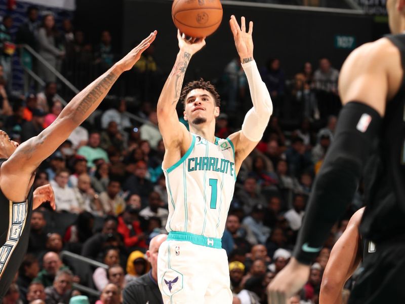 CHARLOTTE, NC - JANUARY 4: LaMelo Ball #1 of the Charlotte Hornets shoots the ball during the game against the Memphis Grizzlies on January 4, 2023 at Spectrum Center in Charlotte, North Carolina. NOTE TO USER: User expressly acknowledges and agrees that, by downloading and or using this photograph, User is consenting to the terms and conditions of the Getty Images License Agreement. Mandatory Copyright Notice: Copyright 2023 NBAE (Photo by Kent Smith/NBAE via Getty Images)