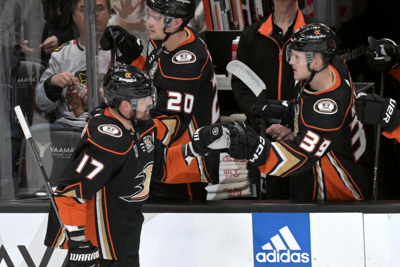 Mar 21, 2024; Anaheim, California, USA;  Anaheim Ducks left wing Alex Killorn (17) is congratulated by center Ben Meyers (39) after scoring a goal in the second period against the Chicago Blackhawks at Honda Center. Mandatory Credit: Jayne Kamin-Oncea-USA TODAY Sports