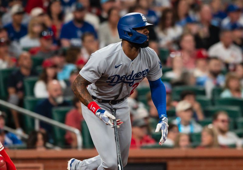 May 20, 2023; St. Louis, Missouri, USA; Los Angeles Dodgers center fielder Jason Heyward (23) gets a base hit in the ninth inning at Busch Stadium. Mandatory Credit: Paul Halfacre-USA TODAY Sports