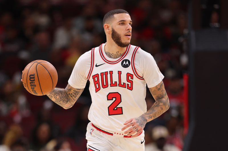 CHICAGO, ILLINOIS - OCTOBER 18: Lonzo Ball #2 of the Chicago Bulls dribbles up the court against the Cleveland Cavaliers during the second half of a preseason game at the United Center on October 18, 2024 in Chicago, Illinois. NOTE TO USER: User expressly acknowledges and agrees that, by downloading and or using this photograph, User is consenting to the terms and conditions of the Getty Images License Agreement.  (Photo by Michael Reaves/Getty Images)