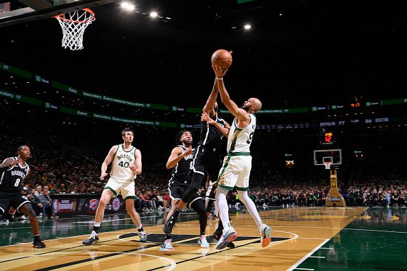 BOSTON, MA - NOVEMBER 10: Derrick White #9 of the Boston Celtics shoots the ball during the game against the Brooklyn Nets during the In-Season Tournament on November 10, 2023 at the TD Garden in Boston, Massachusetts. NOTE TO USER: User expressly acknowledges and agrees that, by downloading and or using this photograph, User is consenting to the terms and conditions of the Getty Images License Agreement. Mandatory Copyright Notice: Copyright 2023 NBAE  (Photo by Brian Babineau/NBAE via Getty Images)