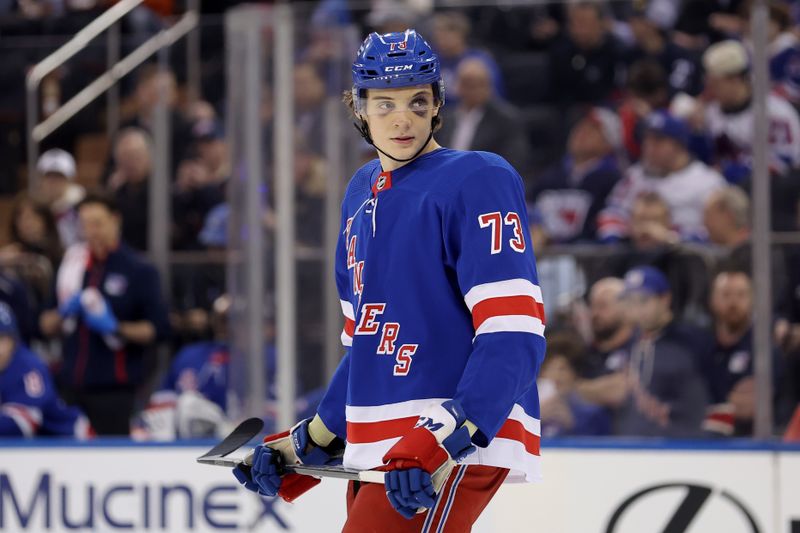 Feb 28, 2024; New York, New York, USA; New York Rangers center Matt Rempe (73) skates against the Columbus Blue Jackets during the first period at Madison Square Garden. Mandatory Credit: Brad Penner-USA TODAY Sports