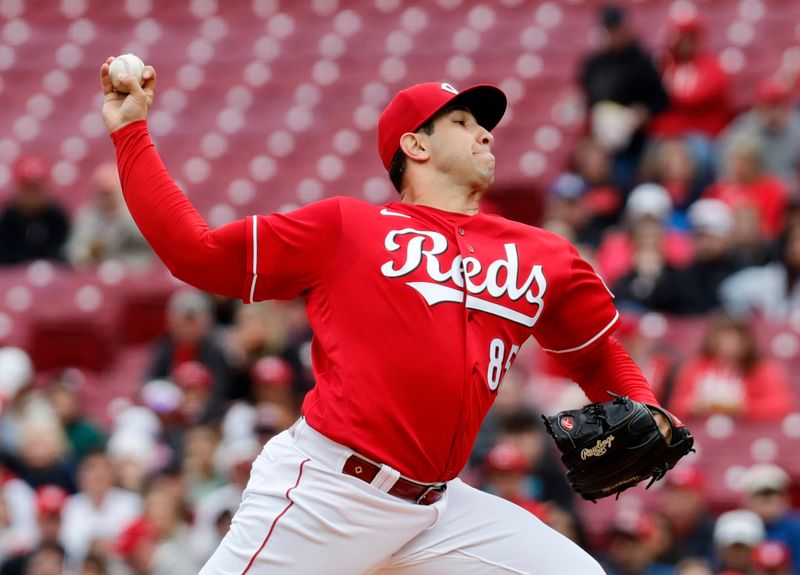 Apr 16, 2023; Cincinnati, Ohio, USA; Cincinnati Reds starting pitcher Luis Cessa throws against the Philadelphia Phillies during the first inning at Great American Ball Park. Mandatory Credit: David Kohl-USA TODAY Sports