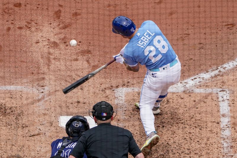 Jul 16, 2023; Kansas City, Missouri, USA; Kansas City Royals center fielder Kyle Isbel (28) at bat against the Tampa Bay Rays in the third inning at Kauffman Stadium. Mandatory Credit: Denny Medley-USA TODAY Sports