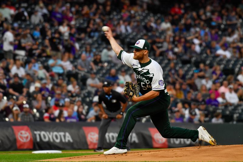 Sep 30, 2023; Denver, Colorado, USA; Colorado Rockies relief pitcher Matt Koch (54) delivers a pitch in the first inning against the Minnesota Twins at Coors Field. Mandatory Credit: John Leyba-USA TODAY Sports