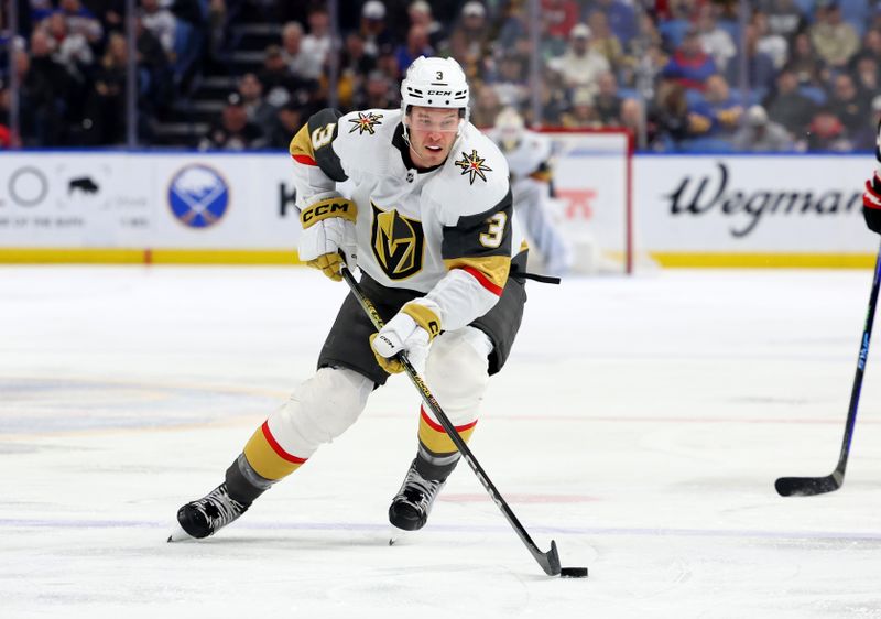 Mar 2, 2024; Buffalo, New York, USA;  Vegas Golden Knights defenseman Brayden McNabb (3) skates up ice with the puck during the first period against the Buffalo Sabres at KeyBank Center. Mandatory Credit: Timothy T. Ludwig-USA TODAY Sports