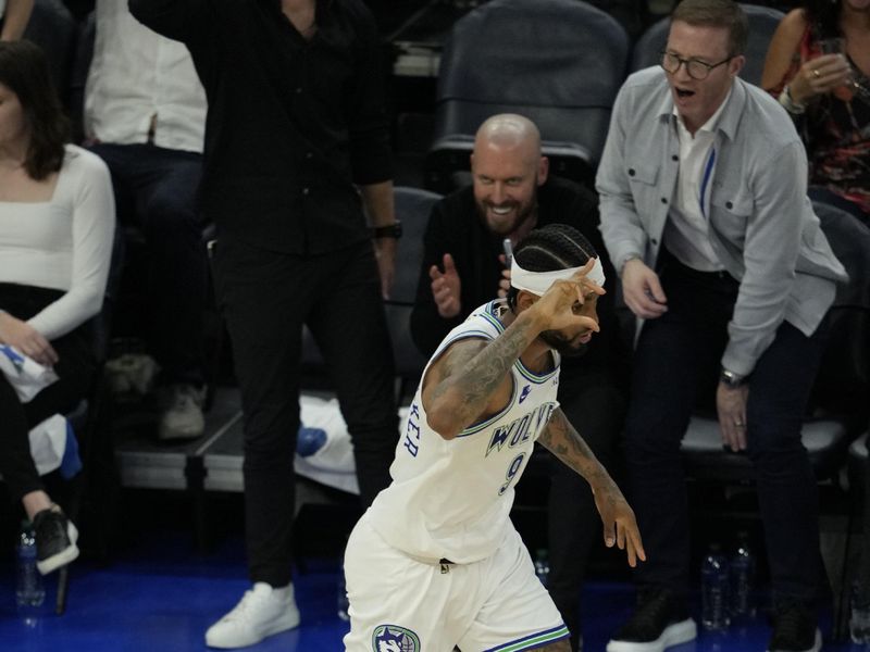 MINNEAPOLIS, MN -  MAY 16: Nickeil Alexander-Walker #9 of the Minnesota Timberwolves celebrates a three point basket during the game against the Denver Nuggets during Round 2 Game 6 of the 2024 NBA Playoffs on May 16, 2024 at Target Center in Minneapolis, Minnesota. NOTE TO USER: User expressly acknowledges and agrees that, by downloading and or using this Photograph, user is consenting to the terms and conditions of the Getty Images License Agreement. Mandatory Copyright Notice: Copyright 2024 NBAE (Photo by Jordan Johnson/NBAE via Getty Images)