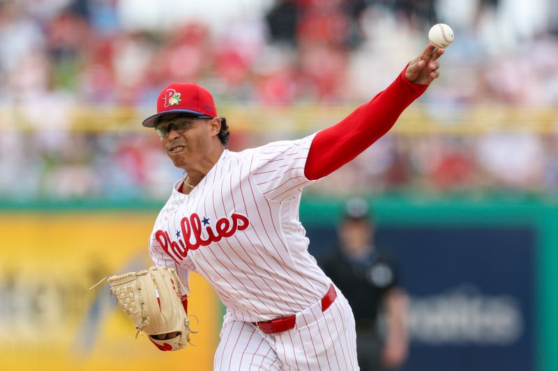 Mar 12, 2026; Clearwater, Florida, USA; Philadelphia Phillies starting pitcher Jesus Luzardo (44) throws a pitch against the Toronto Blue Jays in the third inning during spring training at BayCare Ballpark. Mandatory Credit: Nathan Ray Seebeck-Imagn Images